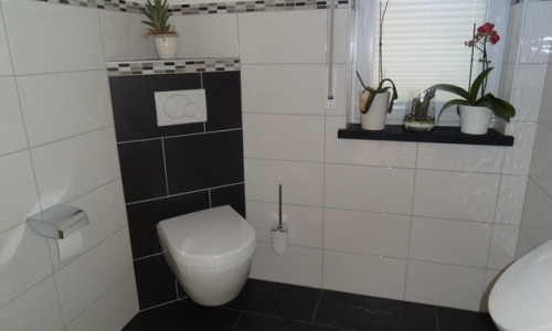 Boden anthrazit, Wand weiß-glzd.-gewellt mit Natursteinbordüre